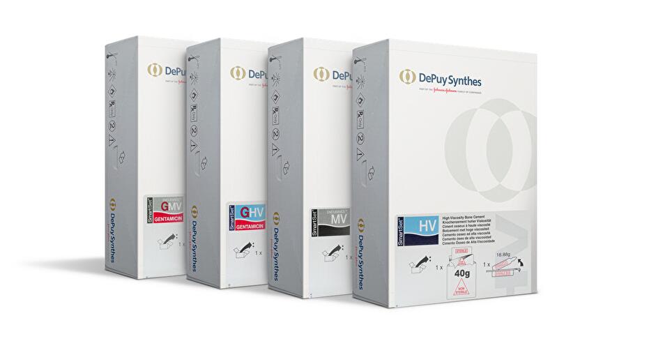 A photo of the product family of DePuy Synthes SMARTSET Bone Cements. A row of four different unopened cartons which contain a PMMA powder and liquid monomer ampoule. The cement cartons are white, labelled with images and text for informational purposes.
